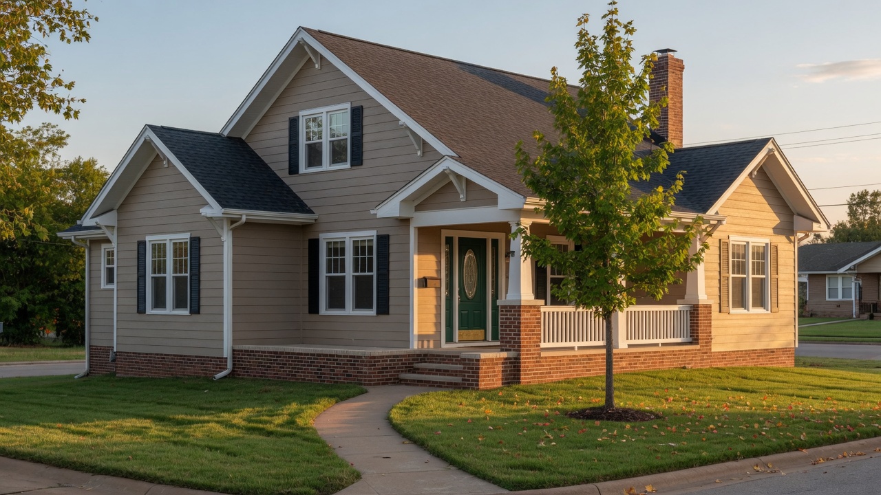 A house with lap siding and a brick porch